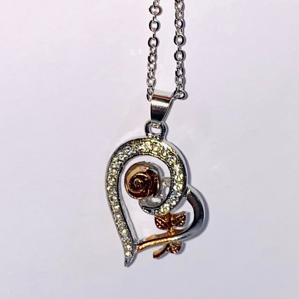 14k White Gold CZ Cubic Zircon Rose Flower Heart Pendant Necklace Chain Love - Picture 6 of 12